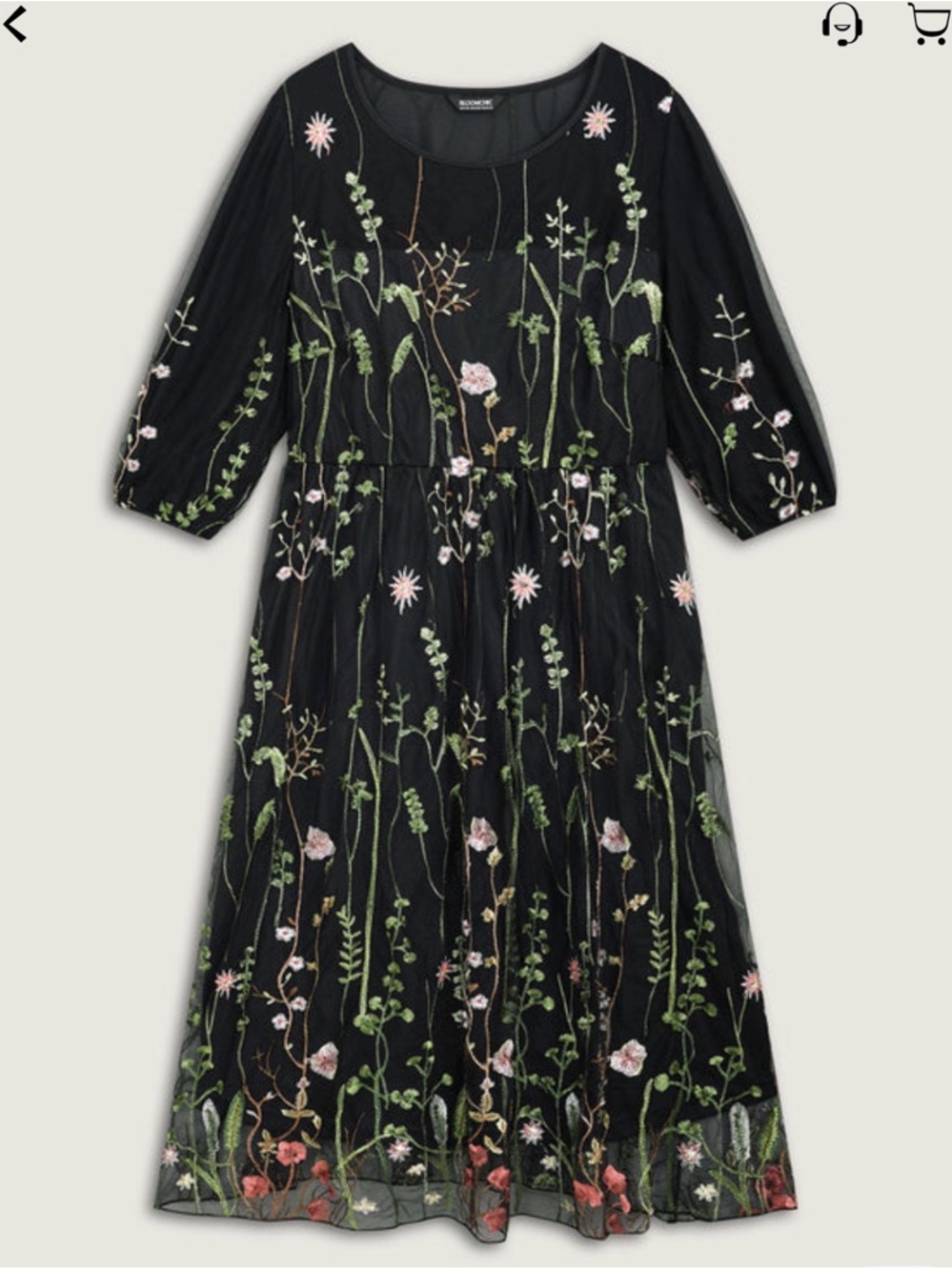 BloomChic Black Midi Dress with Green & Pink Floral Embroidery